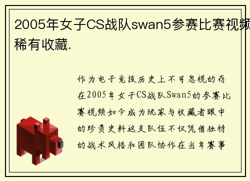 2005年女子CS战队swan5参赛比赛视频稀有收藏.